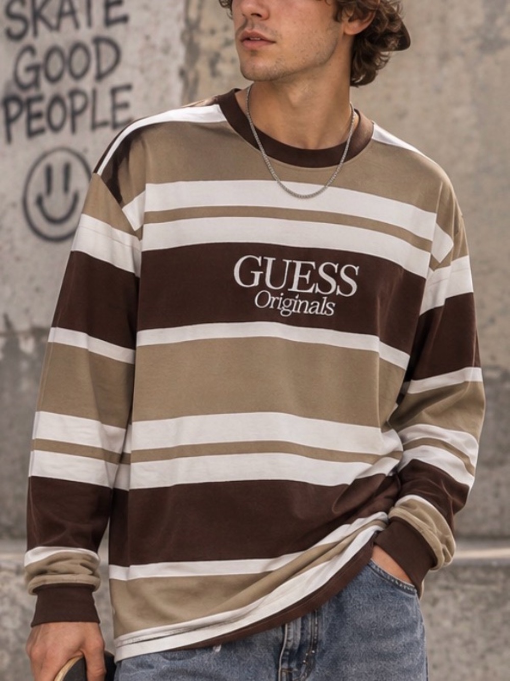 Vintage GUESS Striped logo Long Sleeve Embroidered Shirt Y2K Brown Tan Men’s S